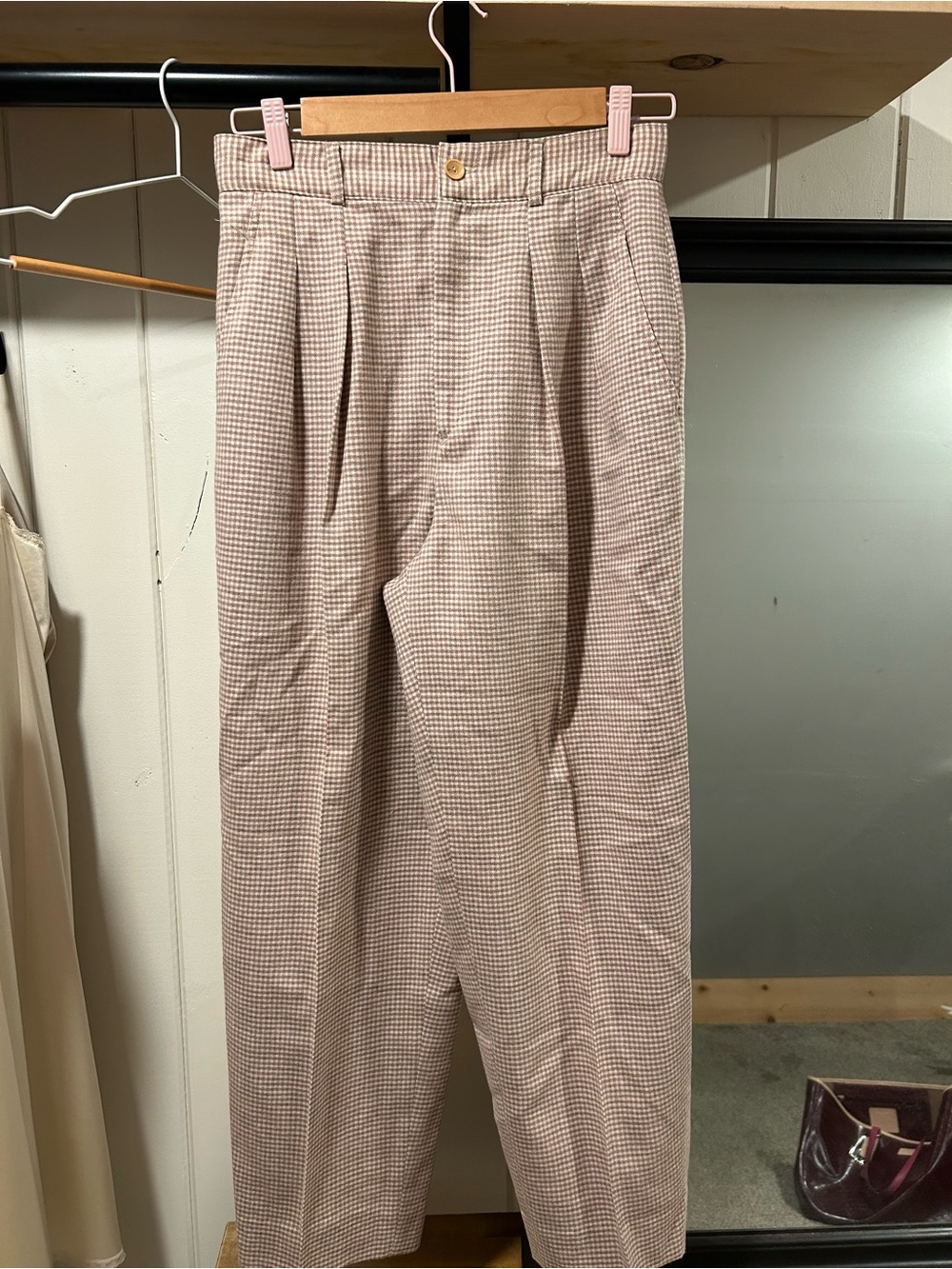 JG Hook 100% Wool Pink Gingham Pleated Trousers - Size 12